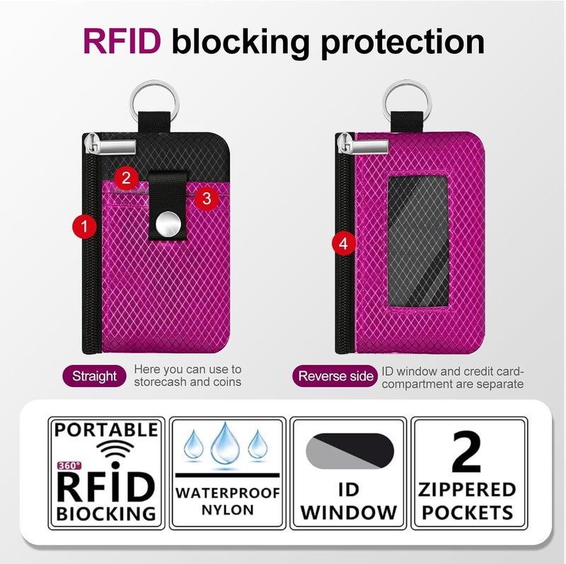 CCUMI Minimalist RFID Blocking Small Wallet with ID Window,WaterResistant Zip Id Case Wallet with Lanyard Keychain for Cards,Cash,Travel,Women,Men (Purplish Red/Black) - Image 2